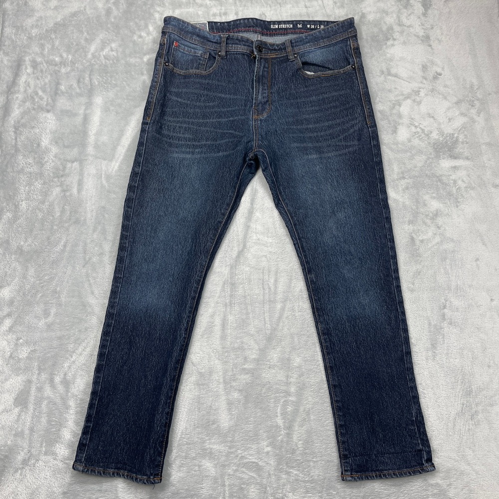 MBX‎ Jeans Mens 36x30 Blue Denim Whiskered Slim Stretch Dark Wash Straight Leg